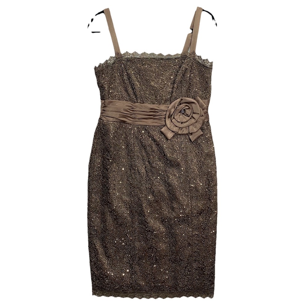 R&M Richards Cocktail Dress Womens 8 Brown Lace Sequin Rosette Sheath KneeLength